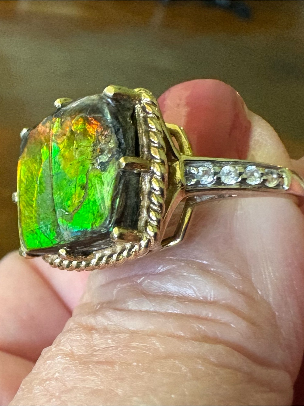 9K British yellow Gold Canadian ammolite and diamond ring size 7
